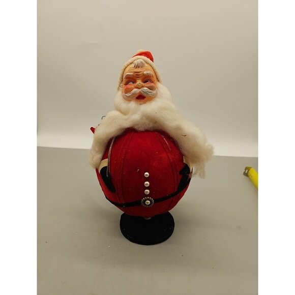 Vintage Christmas Santa Clause Figure Flocked Pin Cushion On Turntable Roly Poly - Picture 1 of 10
